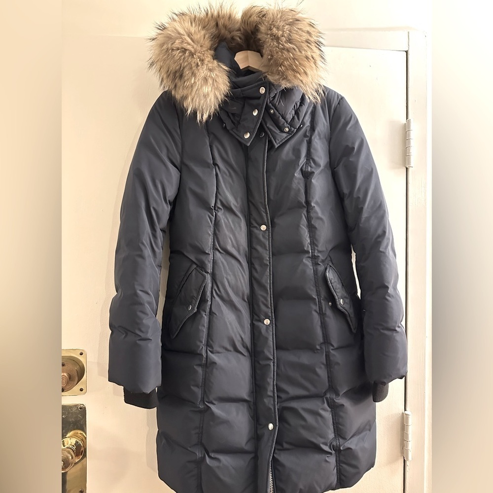 $1195 Mackage Puffy Coat Large Navy Asiatic Raccoon Fur Hood Shailene